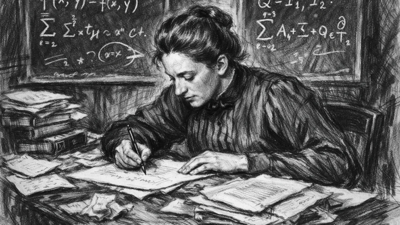 Emmy Noether tijekom doktorskog rada iz teorije invarijanata, detaljna scena u ugalj stilu.