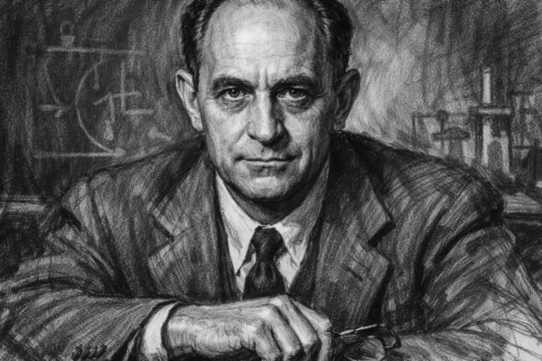 Portret Enrica Fermija u ugalj stilu, crno-bijeli kontrastni crtež s naglašenim crtama lica i ozbiljnim znanstvenim izrazom