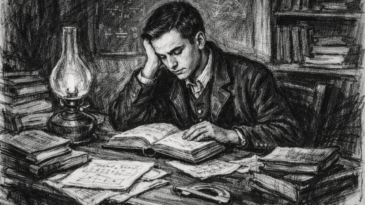 Mladi Enrico Fermi tijekom školovanja u Rimu, prikazan u ugalj stilu dok proučava znanstvene knjige u tihoj atmosferi