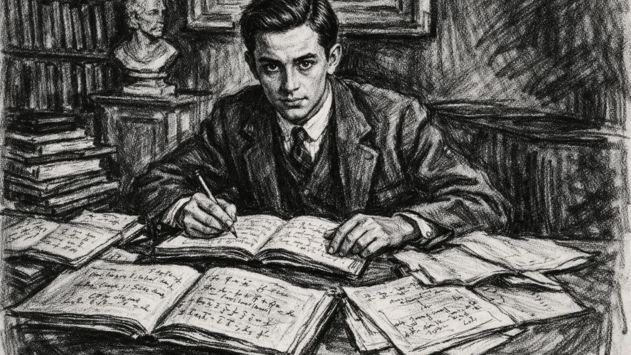 Enrico Fermi kao student u Pisi, prikazan u ugalj stilu u akademskom okruženju s bilježnicama i formulama