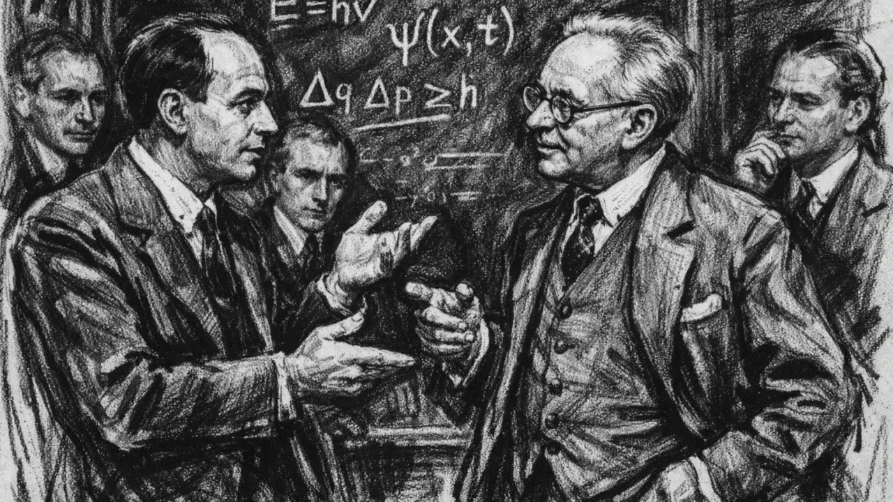 Enrico Fermi tijekom međunarodne suradnje u Europi, nacrtan u ugalj stilu ispred ploče s kvantnim jednadžbama