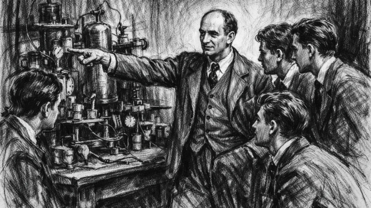 Profesor Enrico Fermi s grupom Via Panisperna, prikazan u ugalj stilu u rimskom laboratoriju