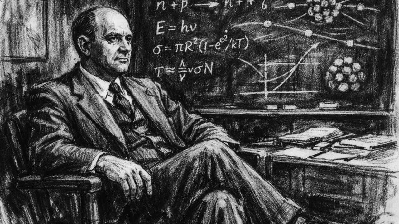 Zamišljeni Enrico Fermi u svom uredu, ugalj stil naglašava njegov znanstveni fokus i intelektualnu snagu