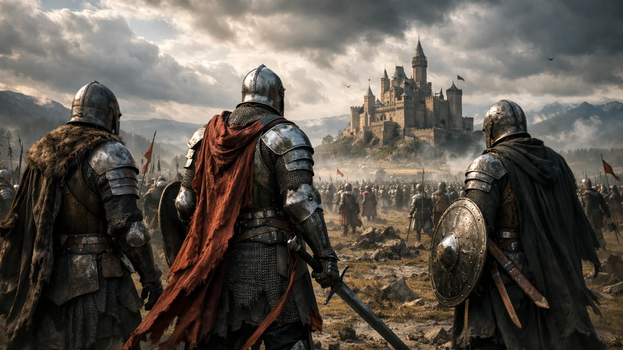 Epska fantazija prikazana kroz masivnu bitku, ratnike u oklopu i drevni dvorac u pozadini