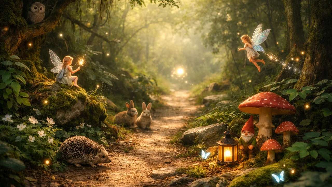 Bajkovita fantazija s čarobnom šumom, nježnim svjetlom i simboličnim likovima iz bajke