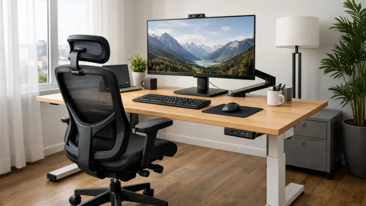 Ergonomski uređeno radno mjesto s pravilno podešenim stolom, stolcem i monitorom u modernom uredu