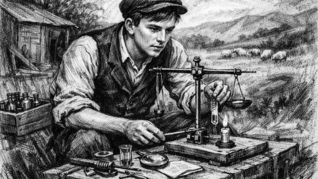Mladi Ernest Rutherford u ruralnom okruženju Novog Zelanda, prikazan u ugalj stilu s naglaskom na rani interes za znanost.