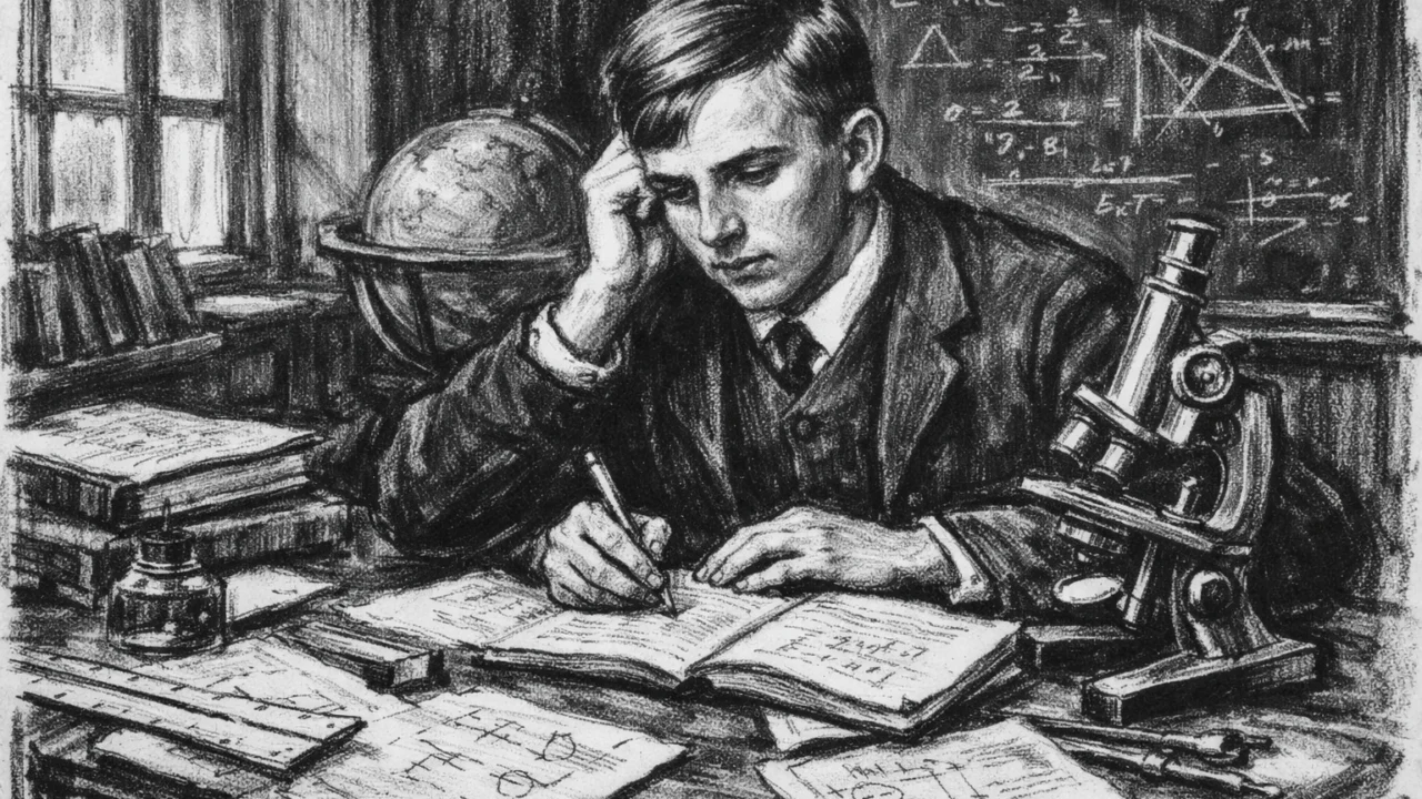 Ernest Rutherford tijekom školovanja, prikazan kako uči za radnim stolom u ugalj stilu, crno-bijelo.