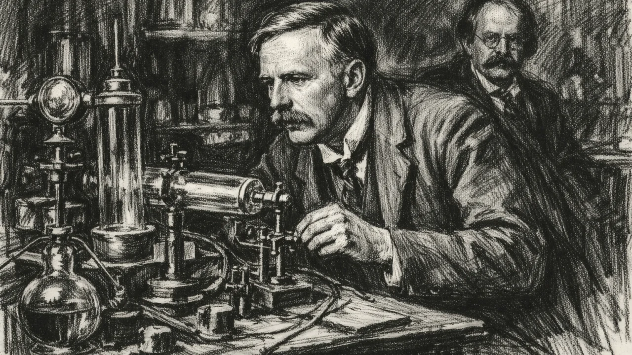 Ernest Rutherford u Cavendish laboratoriju, znanstvena scena u ugalj stilu s eksperimentalnom opremom.