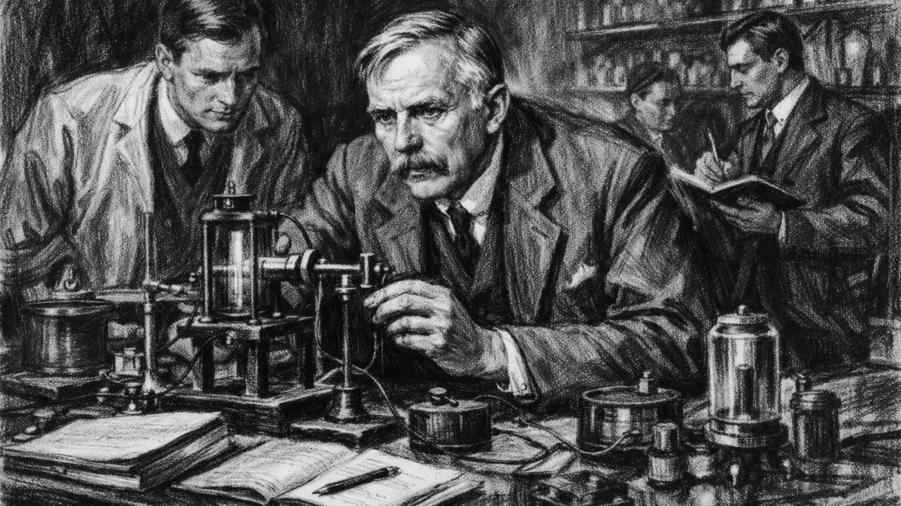 Rutherford tijekom istraživanja radioaktivnosti na McGillu, prikaz u ugalj stilu s laboratorijskom atmosferom.
