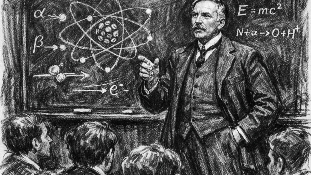Ernest Rutherford kao predavač ispred ploče, ilustriran u ugalj stilu, snažnog kontrasta i izražajnih linija.