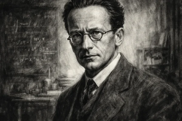 Portret Erwina Schrödingera u ugalj stilu, crno-bijeli portret s izraženim kontrastom i naglašenim crtama lica znanstvenika.