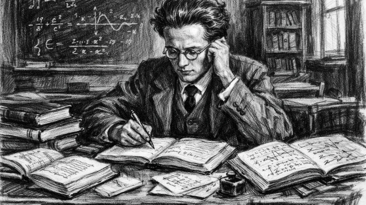Mladi Erwin Schrödinger tijekom obrazovanja u Beču, prikazan u ugalj stilu kako uči matematiku i fiziku.