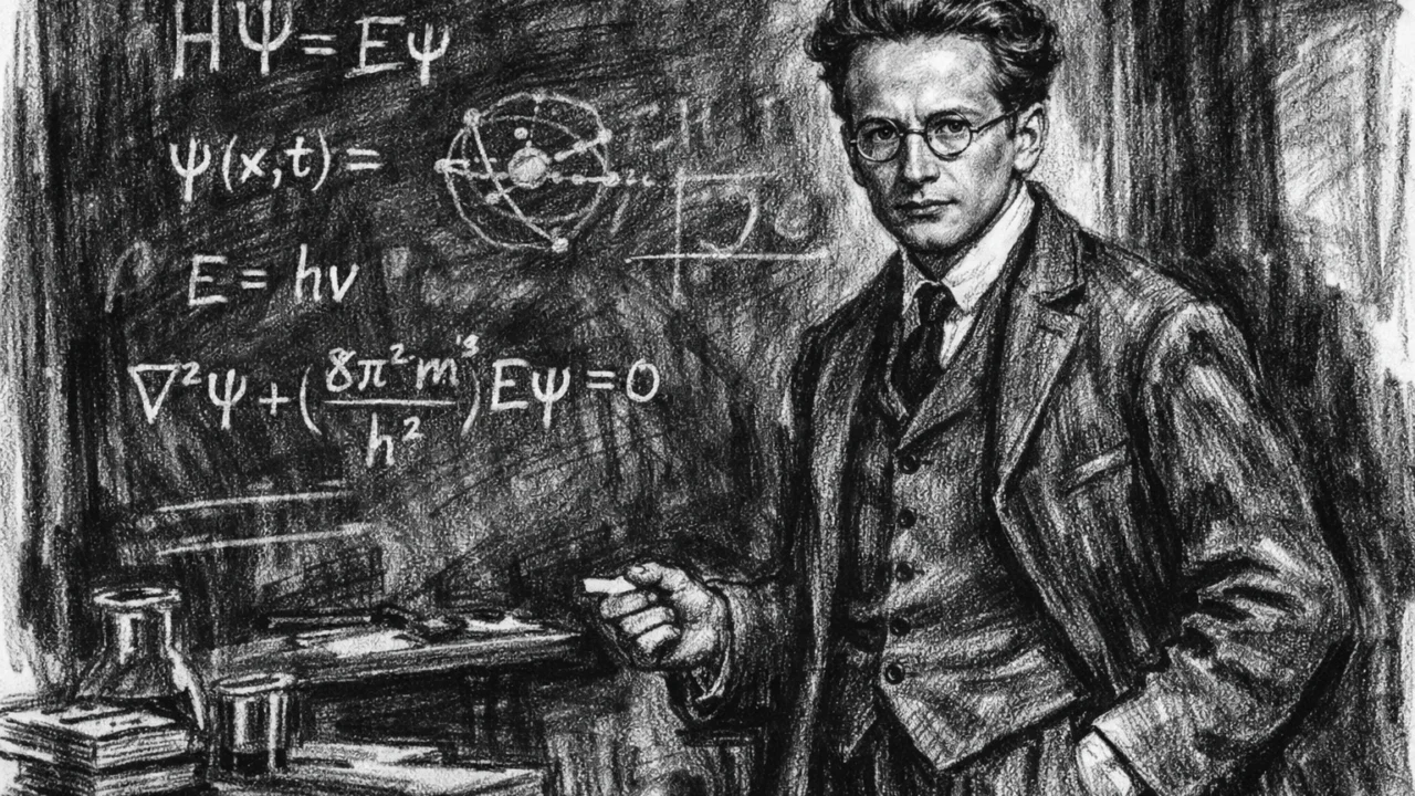 Erwin Schrödinger na Sveučilištu u Beču ispred ploče s jednadžbama, ilustriran u ugalj stilu.