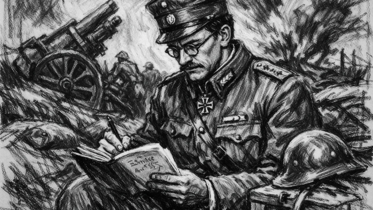 Erwin Schrödinger kao časnik tijekom Prvog svjetskog rata, prikazan u ugalj stilu s naglašenom dramatičnošću.