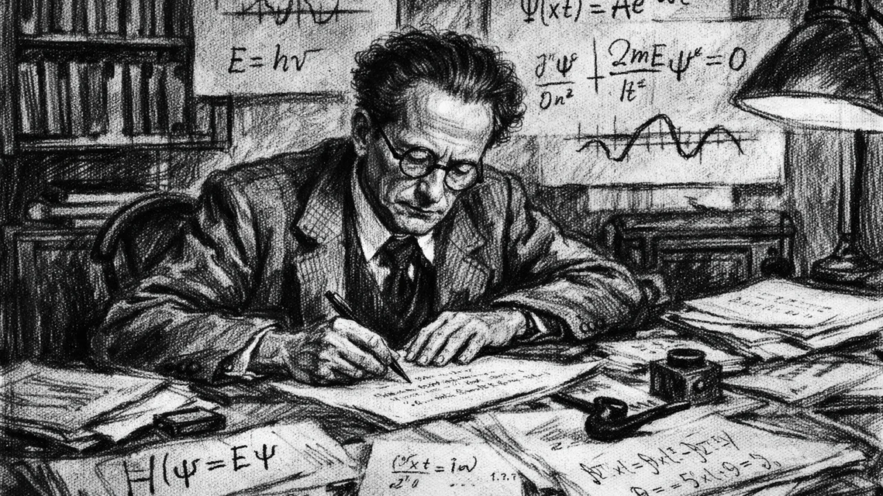 Erwin Schrödinger dok razvija valnu mehaniku, prikazan u ugalj stilu u intimnom radnom prostoru.