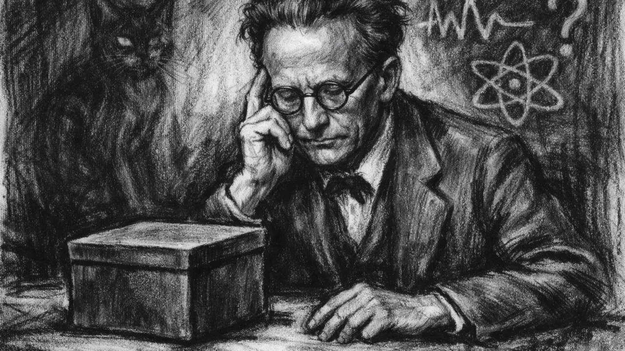 Filozofska scena inspirirana Schrödingerovom mačkom, s Erwinom Schrödingerom u ugalj stilu i dubokom kontemplacijom.