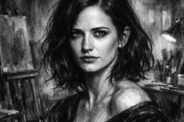 Portret Eve Green u realističnom crno-bijelom crtežu u ugalj stilu s naglašenim kontrastom i izražajnim pogledom.