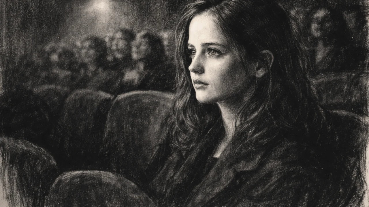 Mlada Eva Green u kazalištu, prikazana u crtežu u ugalj stilu koji naglašava ranu inspiraciju za glumu.