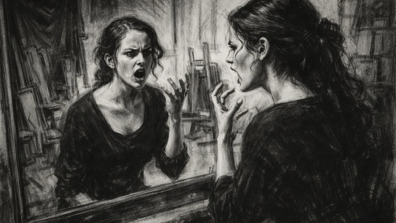 Eva Green tijekom glumačkog obrazovanja u Parizu, prikazana u realističnom crtežu u ugalj stilu.