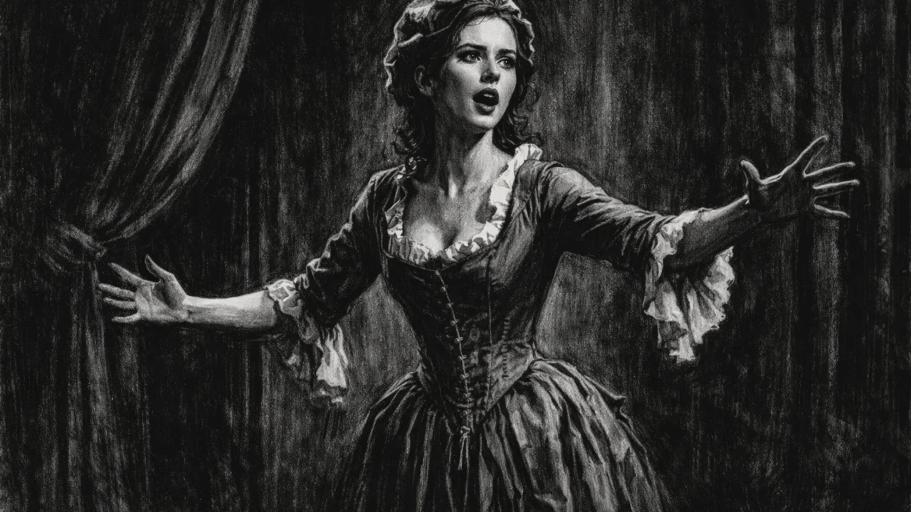 Rani kazališni nastup Eve Green prikazan u snažnom crno-bijelom crtežu u ugalj stilu.