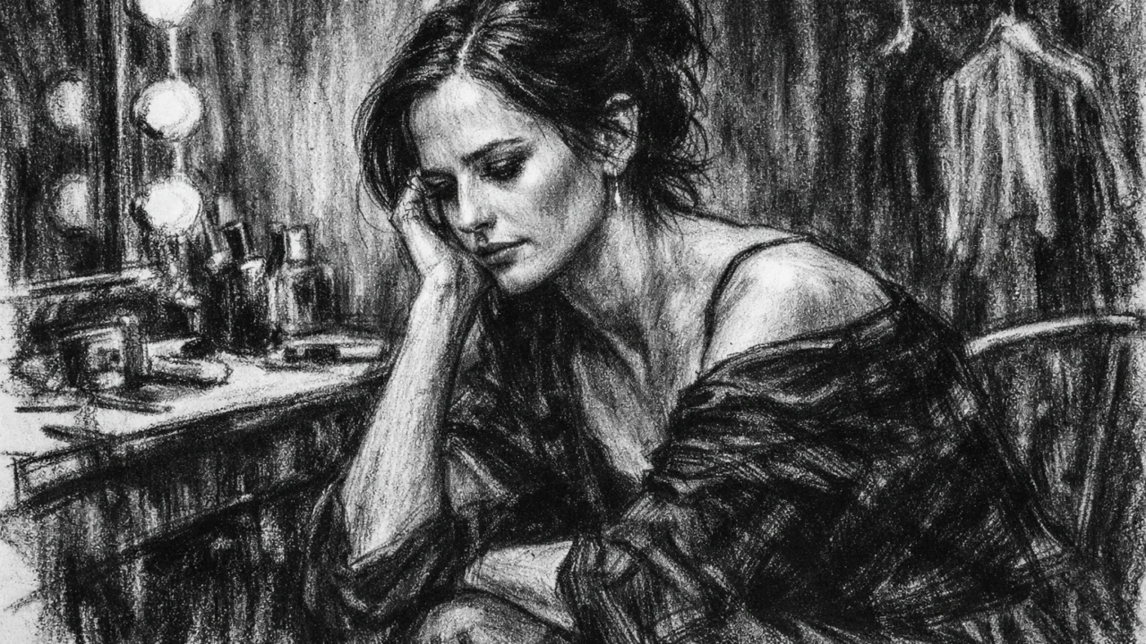 Intimni prikaz Eve Green iza pozornice, izrađen u emotivnom crtežu u ugalj stilu.