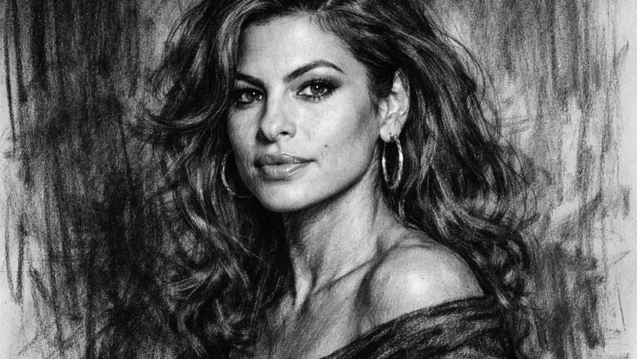 Portret Eve Mendes u ugalj stilu, crno-bijeli umjetnički prikaz s izraženim kontrastom i detaljima lica