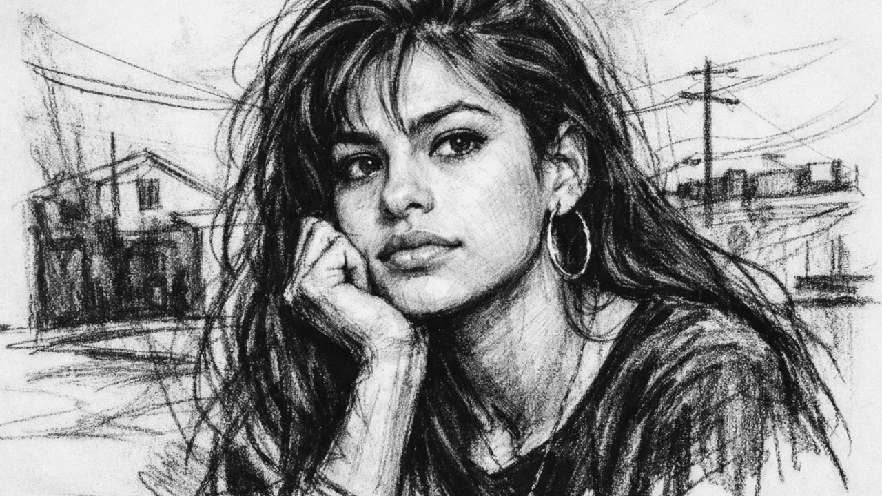 Prikaz mlade Eve Mendes u ranim godinama, nacrtan u ugalj stilu s naglaskom na identitet i djetinjstvo