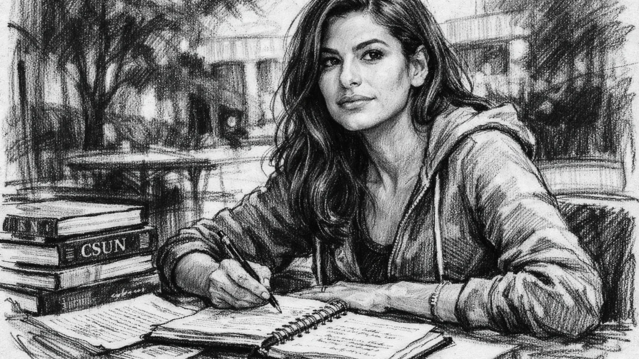 Eva Mendes kao studentica na sveučilištu, prikazana u ugalj stilu u mirnoj akademskoj sceni