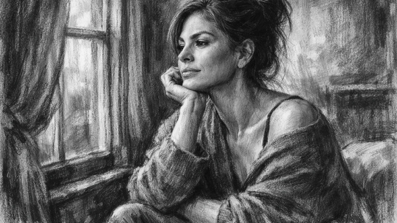 Zrela Eva Mendes u intimnom trenutku, prikazana u ugalj stilu s nježnim sjenčanjem