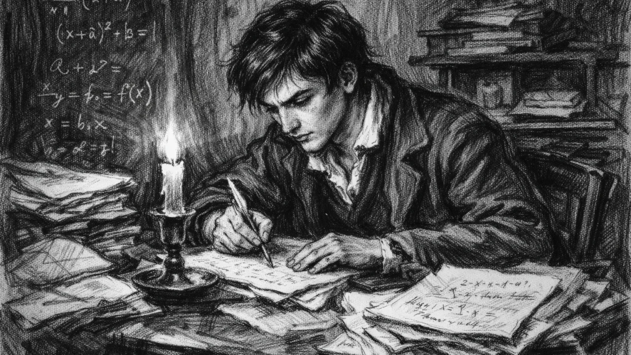 Évariste Galois kako noću zapisuje matematičke ideje, snažan prizor u ugalj stilu