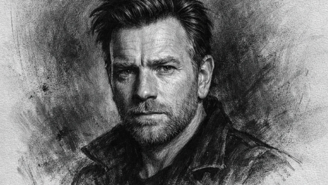 Portret Ewana McGregora u ugalj stilu, crno-bijeli kontrastni crtež s naglašenim linijama lica