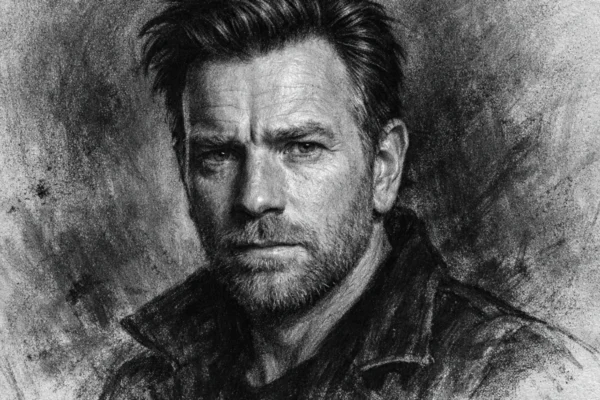 Portret Ewana McGregora u ugalj stilu, crno-bijeli kontrastni crtež s naglašenim linijama lica