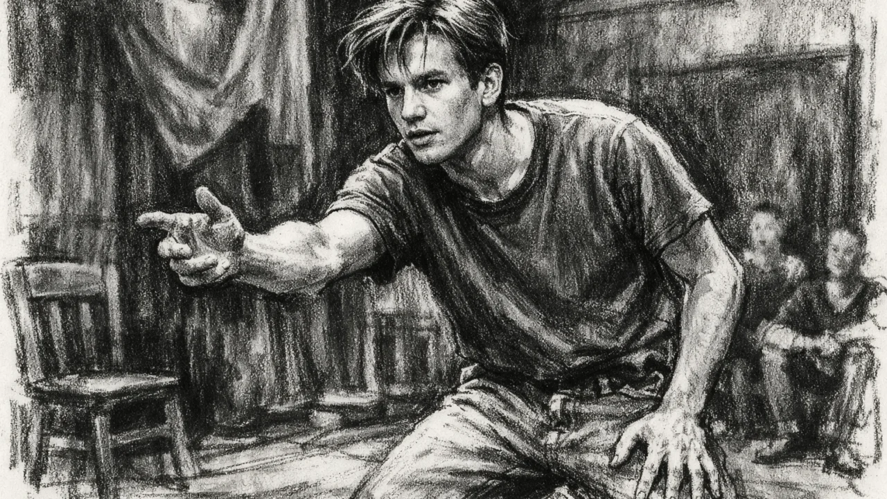 Mladi Ewan McGregor tijekom školovanja u Guildhallu prikazan u ugalj stilu, crno-bijeli umjetnički crtež