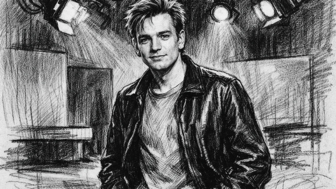 Ewan McGregor na početku glumačke karijere na televizijskom setu, ilustracija u ugalj stilu