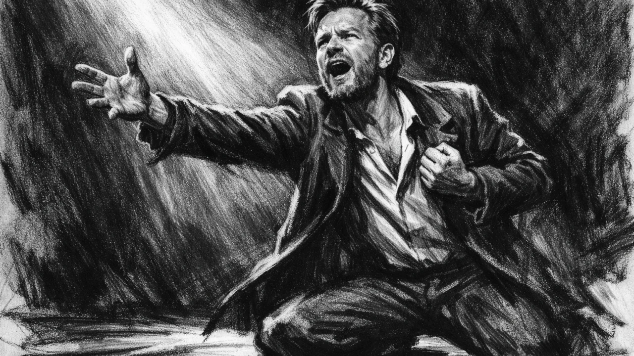 Ewan McGregor na kazališnoj pozornici prikazan u snažnom ugalj stilu s izražajnim kontrastom