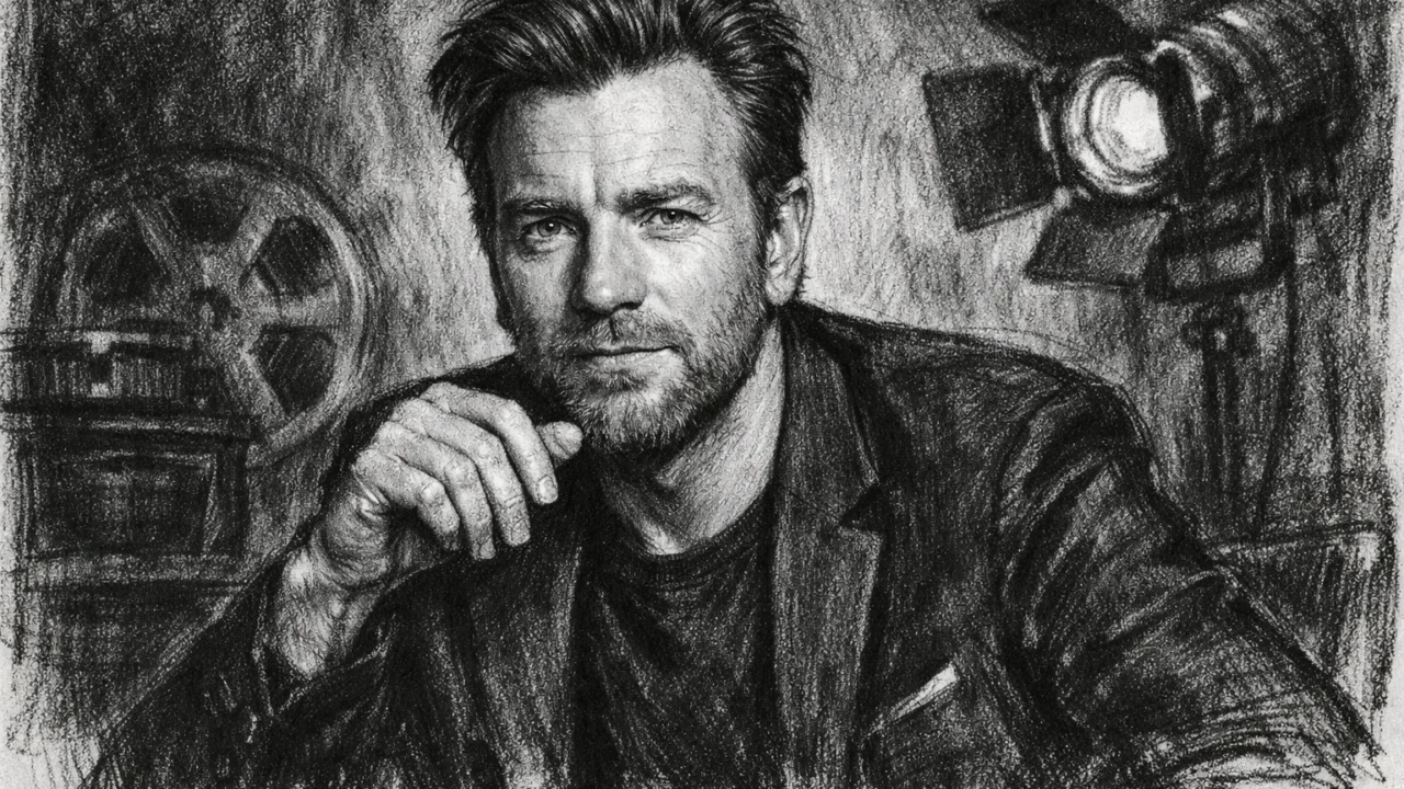 Zreli Ewan McGregor kao afirmirani glumac, realistični portret u ugalj stilu