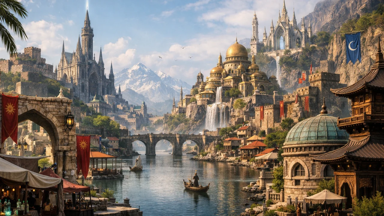 Detaljna fantasy svjetogradnja grada s kulturom, poviješću i utjecajem magije na društvo