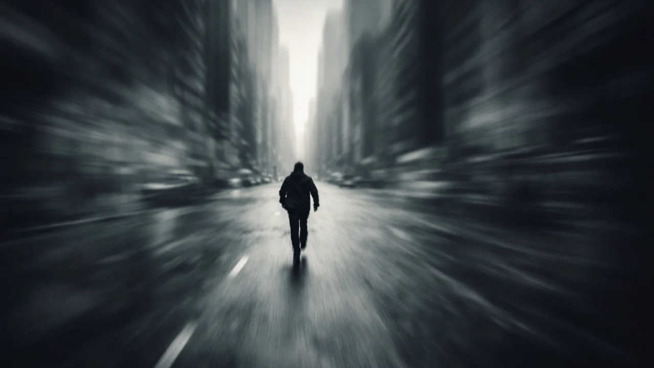 Ulična scena s malim likom u kadru i blagim zamućenjem, filmska fotografija koja naglašava pokret i priču