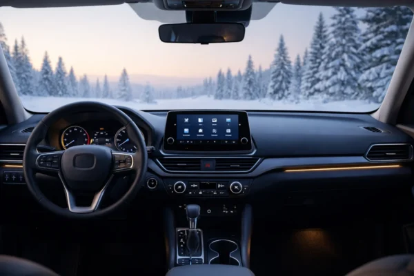 Unutrašnjost automobila zimi s čistim staklima i učinkovitim grijanjem zahvaljujući ispravnom filteru kabine