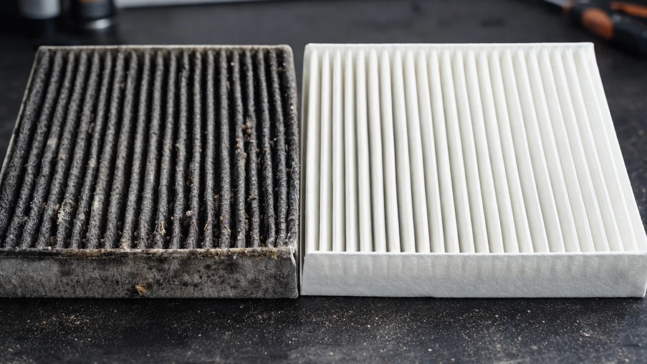 Usporedba zaprljanog i novog filtera kabine koji utječe na protok zraka, grijanje i magljenje stakala