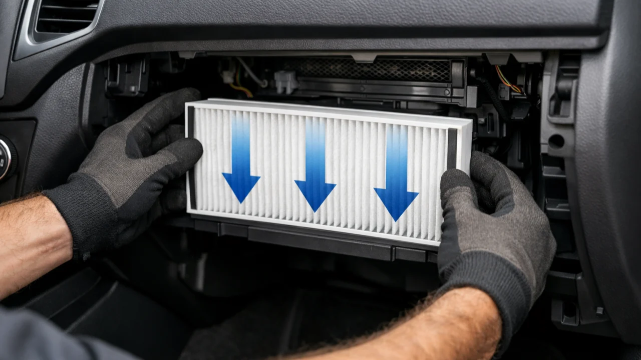 Ispravna ugradnja filtera kabine iza pretinca za rukavice s pravilnim smjerom protoka zraka