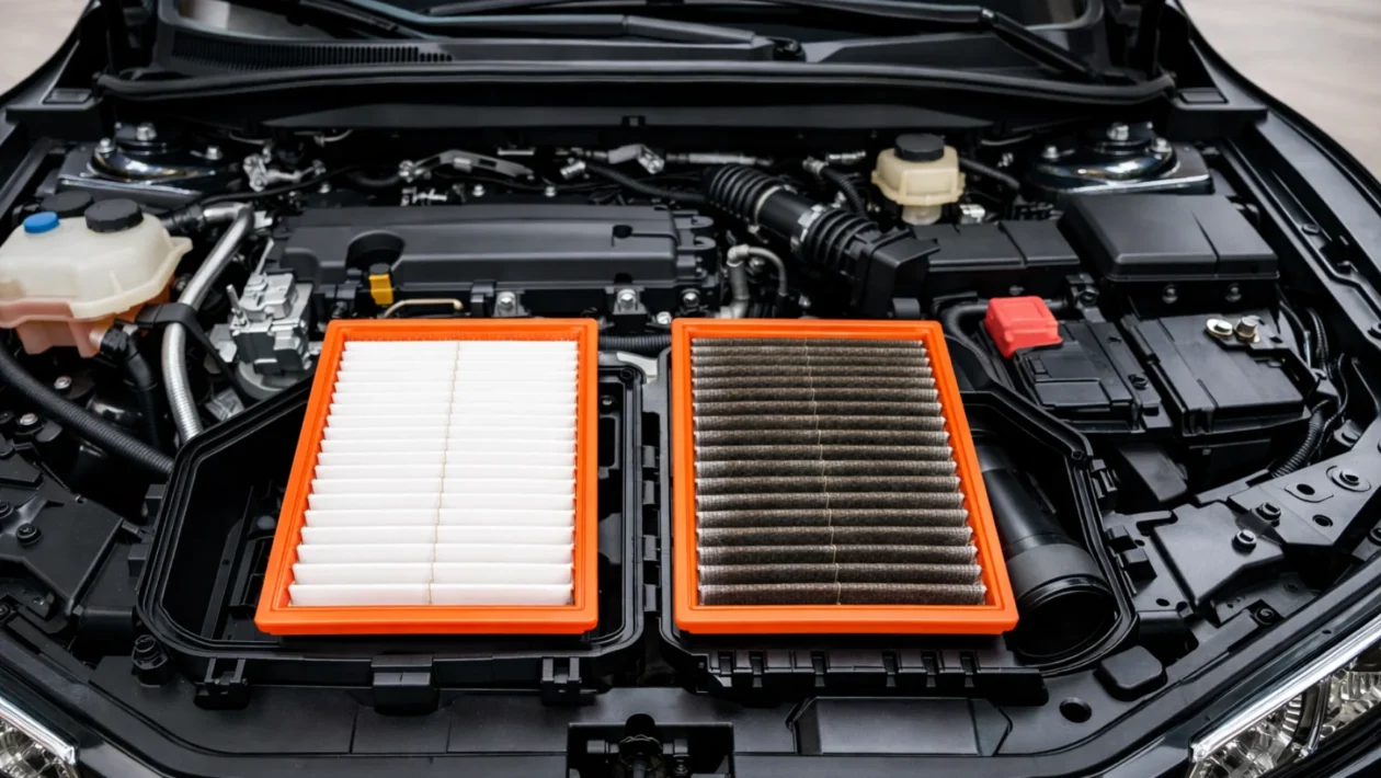 Filter zraka motora u automobilu, usporedba čistog i zaprljanog filtera zraka u motornom prostoru vozila