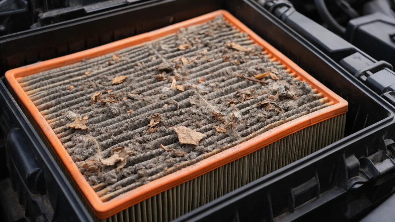 Zaprljan filter zraka motora prekriven prašinom koji može povećati potrošnju goriva i smanjiti snagu