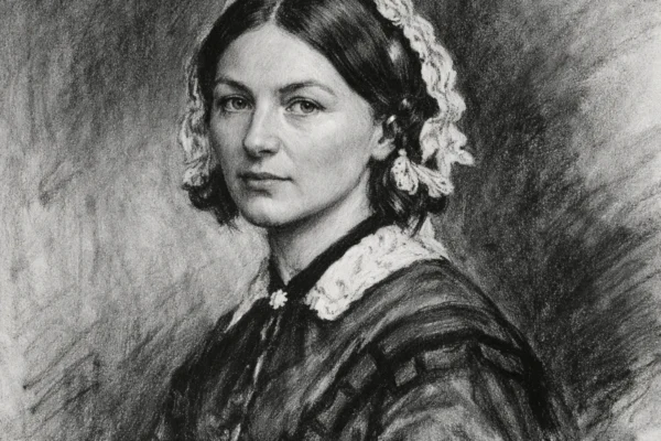 Portret Florence Nightingale u ugalj stilu, crno-bijeli crtež s naglašenim kontrastom i izražajnim linijama