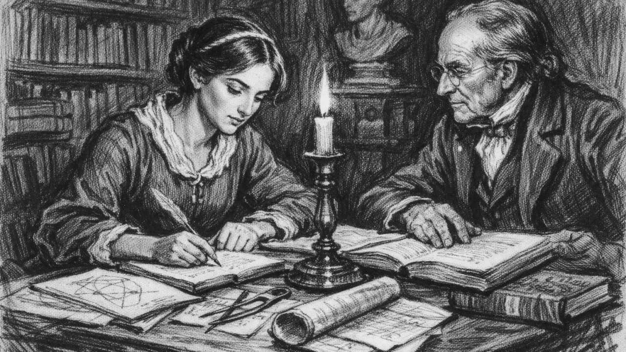 Mlada Florence Nightingale kako uči uz knjige u ugalj stilu, povijesna scena obrazovanja u crno-bijelom crtežu