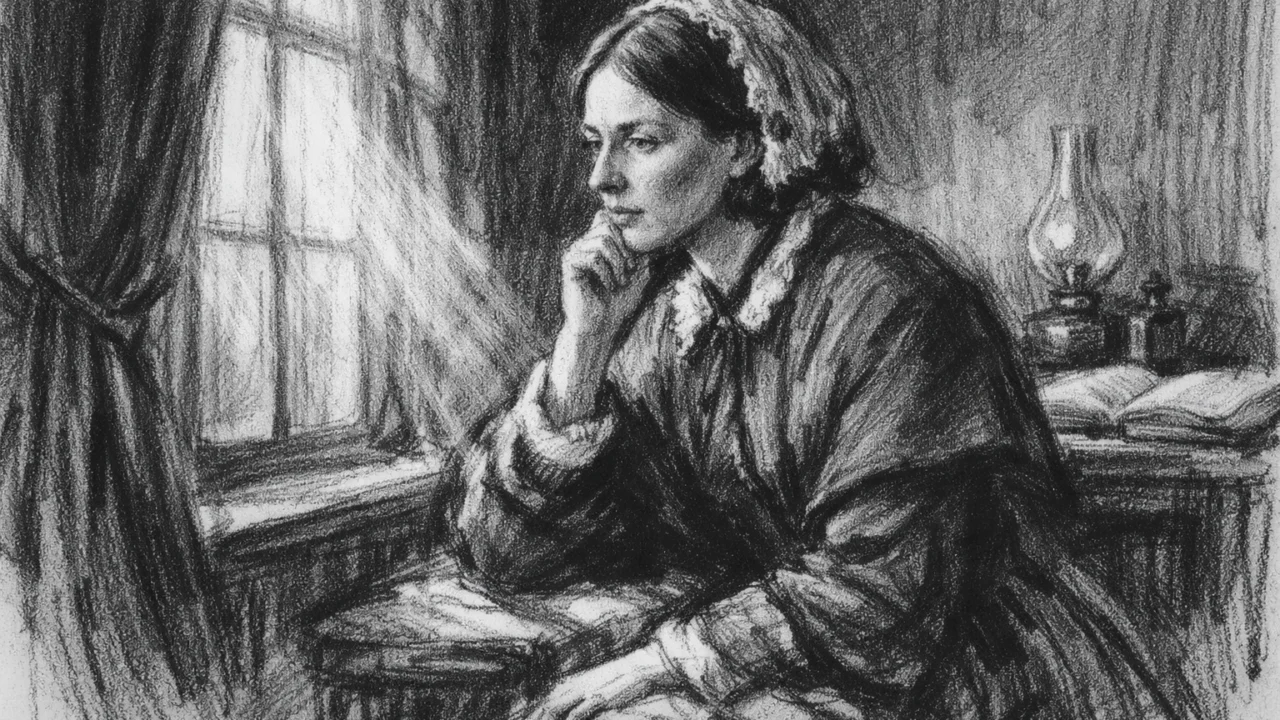 Florence Nightingale u trenutku osobne odluke, prikazana u ugalj stilu s jakim svjetlom i sjenama