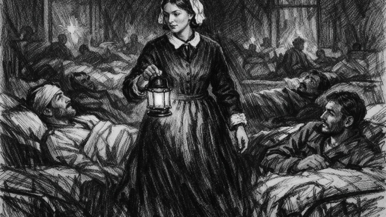 Florence Nightingale s lampom u vojnoj bolnici tijekom Krimskog rata, prikazano u ugalj stilu
