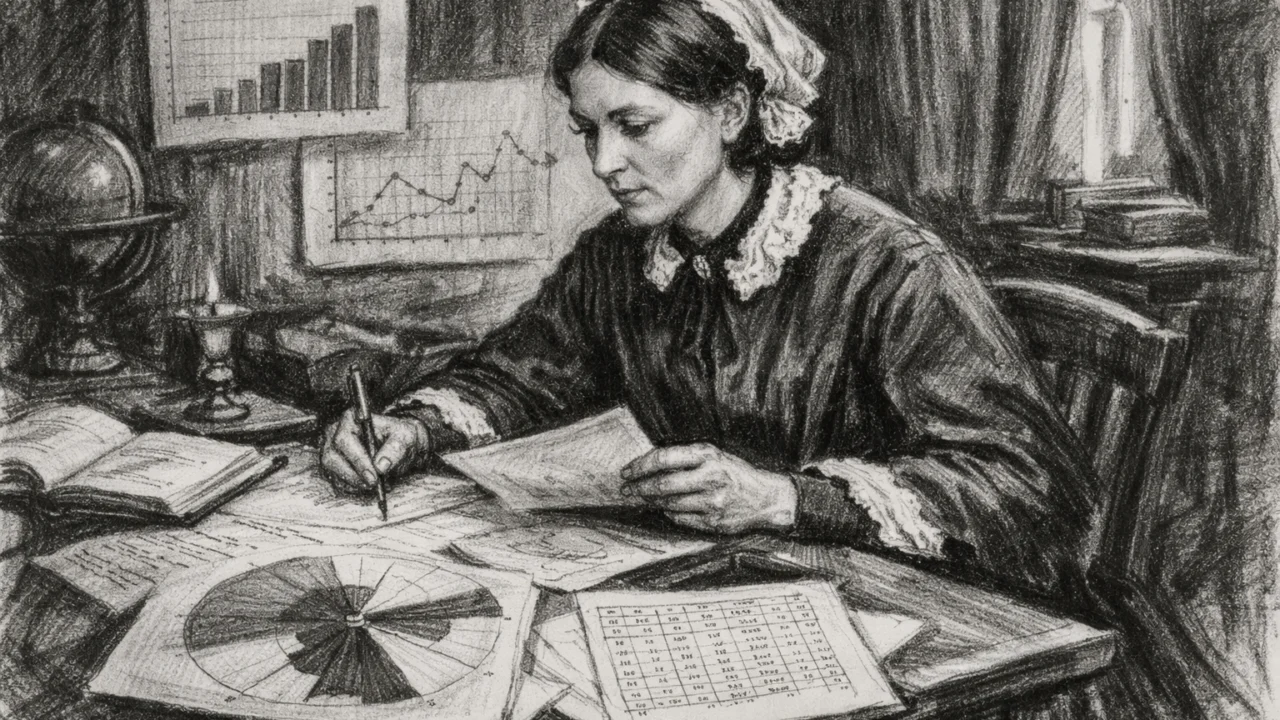 Florence Nightingale kao znanstvenica i statističarka, prikazana u ugalj stilu uz dokumente i tablice