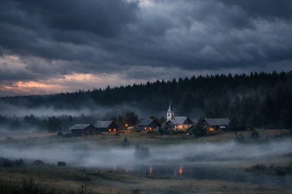 Ruralno selo uz tamnu šumu u sumrak, simbol folk horora, kolektivnog straha i nelagodne prirode